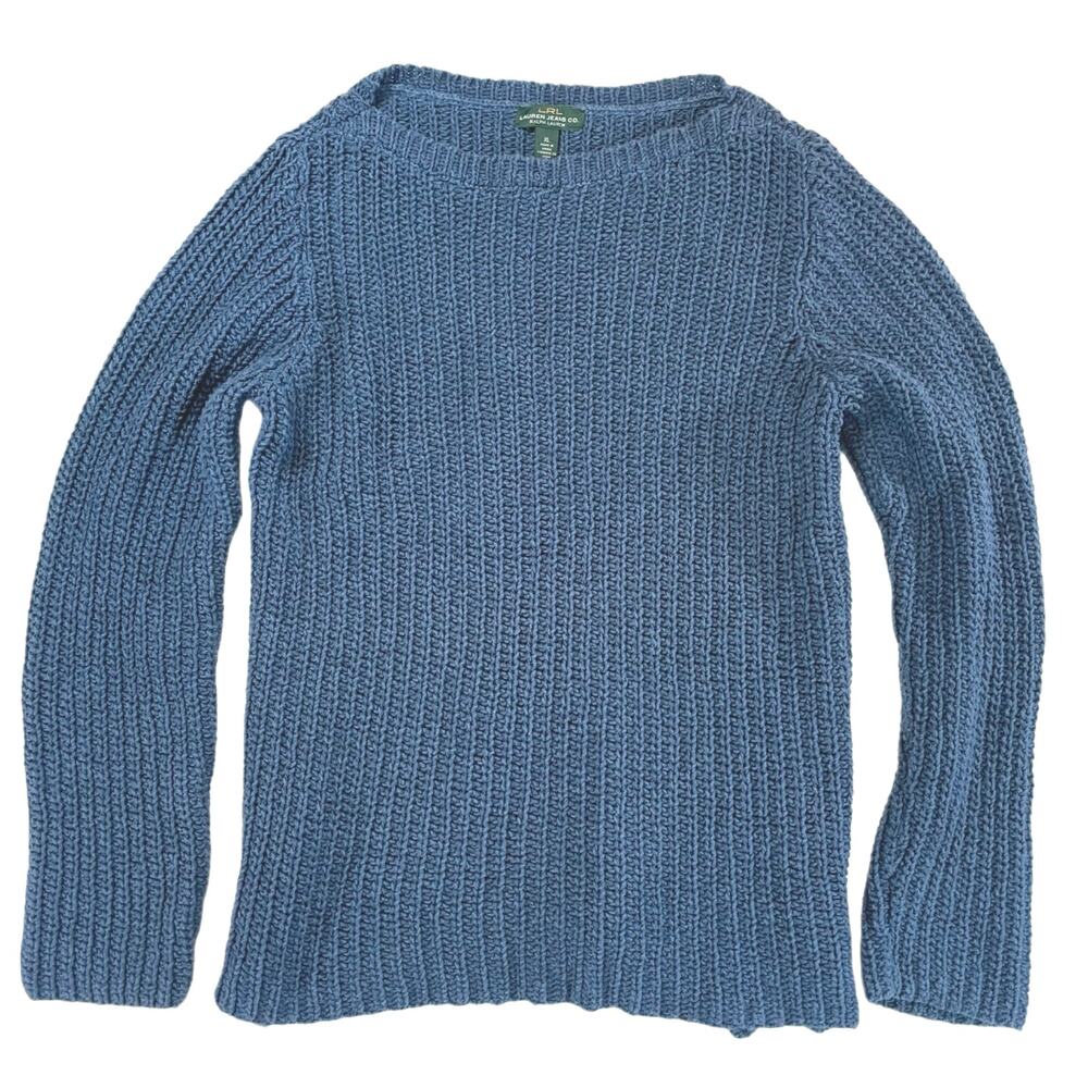 Lauren Ralph Lauren Blue Shaker Knit Cotton Boat Neck Sweater Womens XL LRL